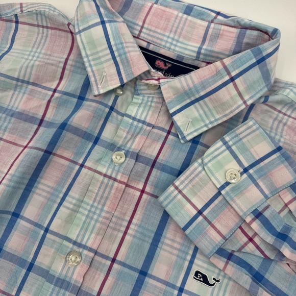 Vineyard Vines Whale Shirt Mens M Medium Blue Pink Plaid Button Down Slim Fit - Picture 1 of 8